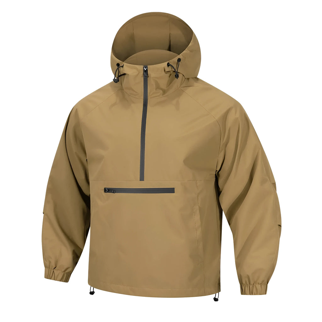 Men's loose grey corduroy half-zip hooded sweater jacket with rabbit fur fabric on a hanger