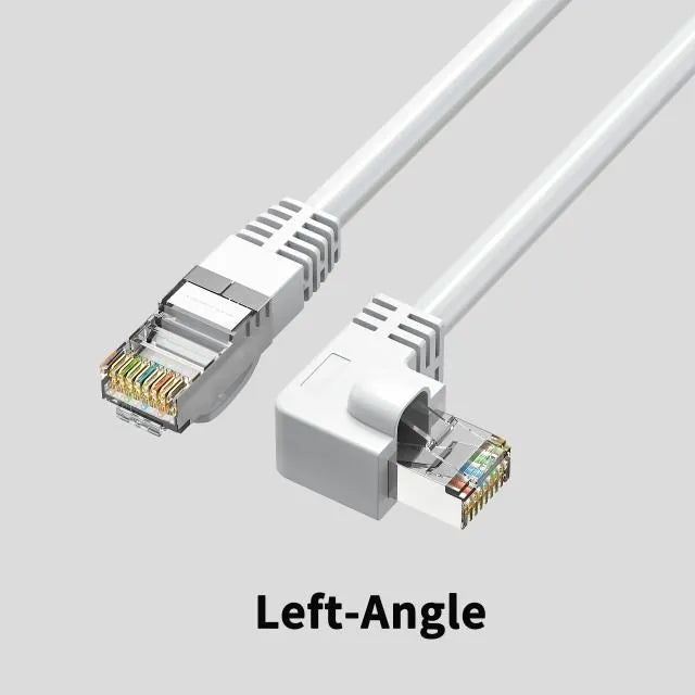 Cat6 Ethernet cable with right-angle RJ45 connector in multiple colour options including black, white, and red
