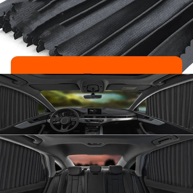 Auto retractable car sun curtain in black colour showing roller shutter mechanism