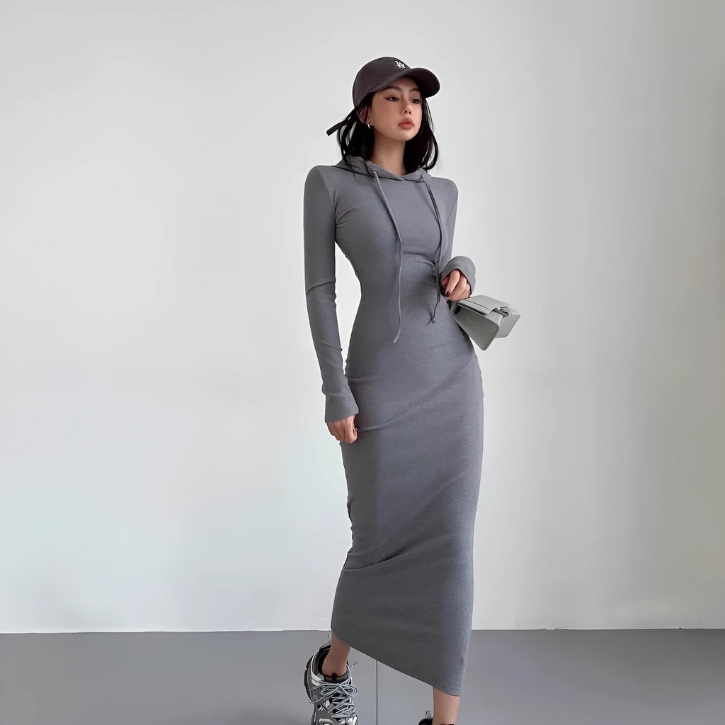 Women's grey hooded sheath dress with long sleeves and high waist, knee-length polyester fabric