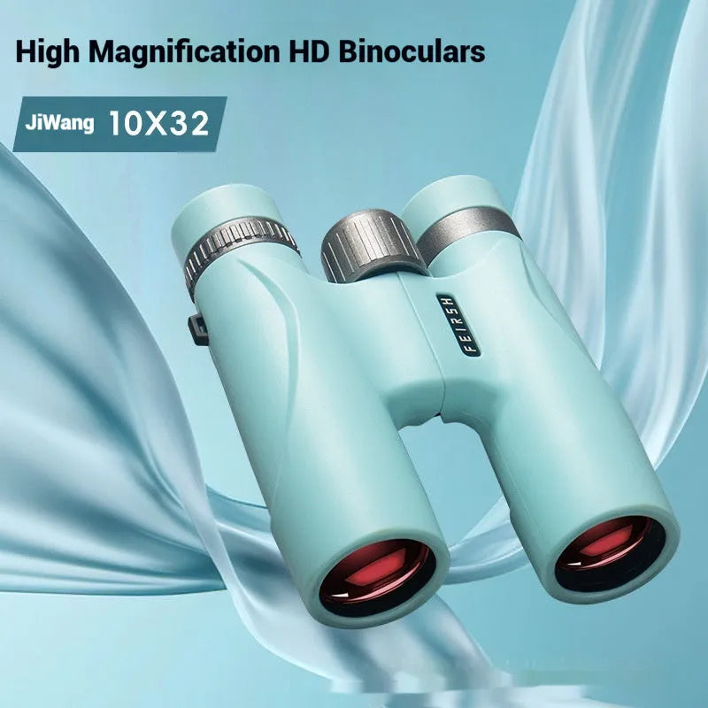 Wine red and grey 10x32 compact plastic binoculars showing eyepieces and objective lenses