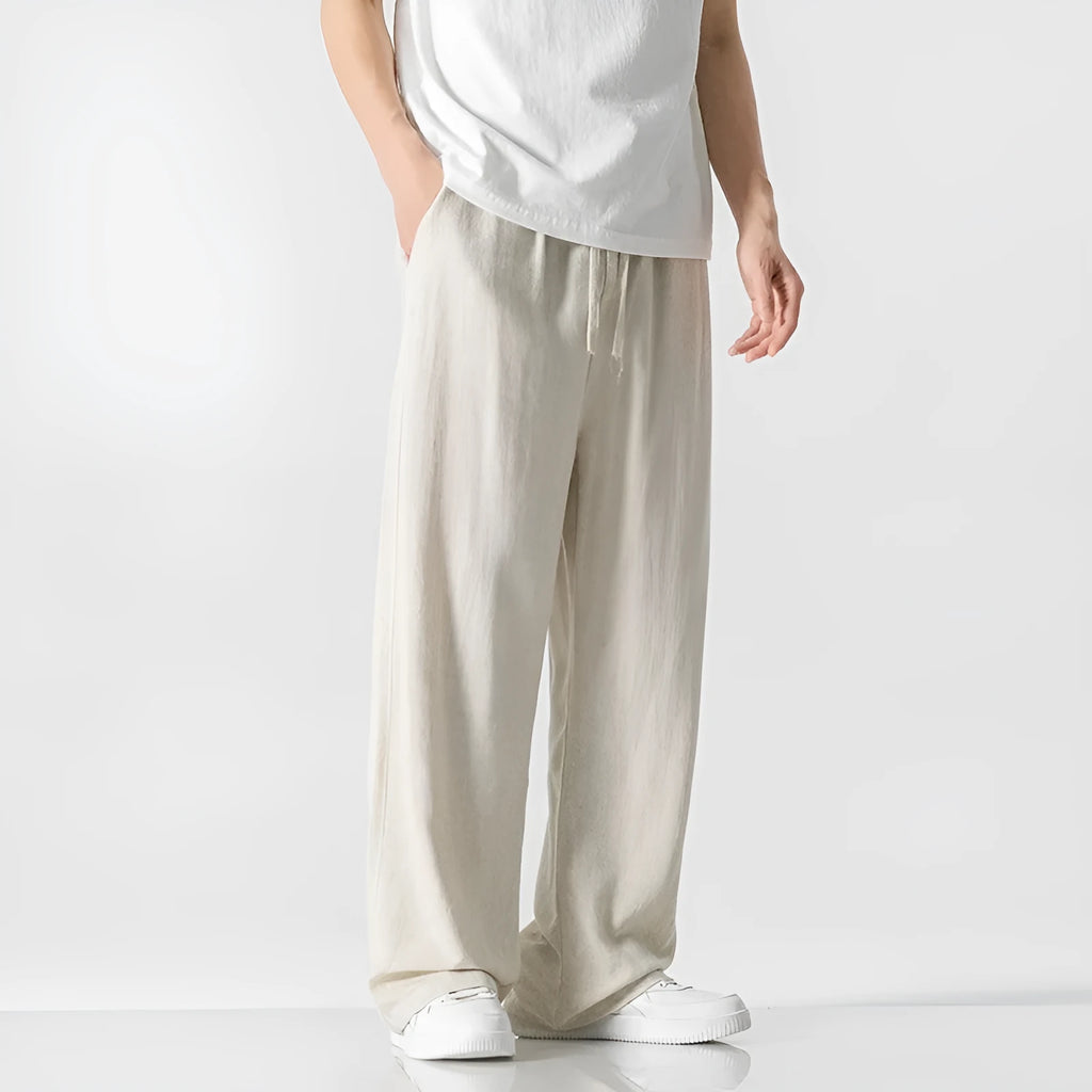 Men's bamboo fibre summer trousers with drawstring waist and cropped straight-leg design in solid colours