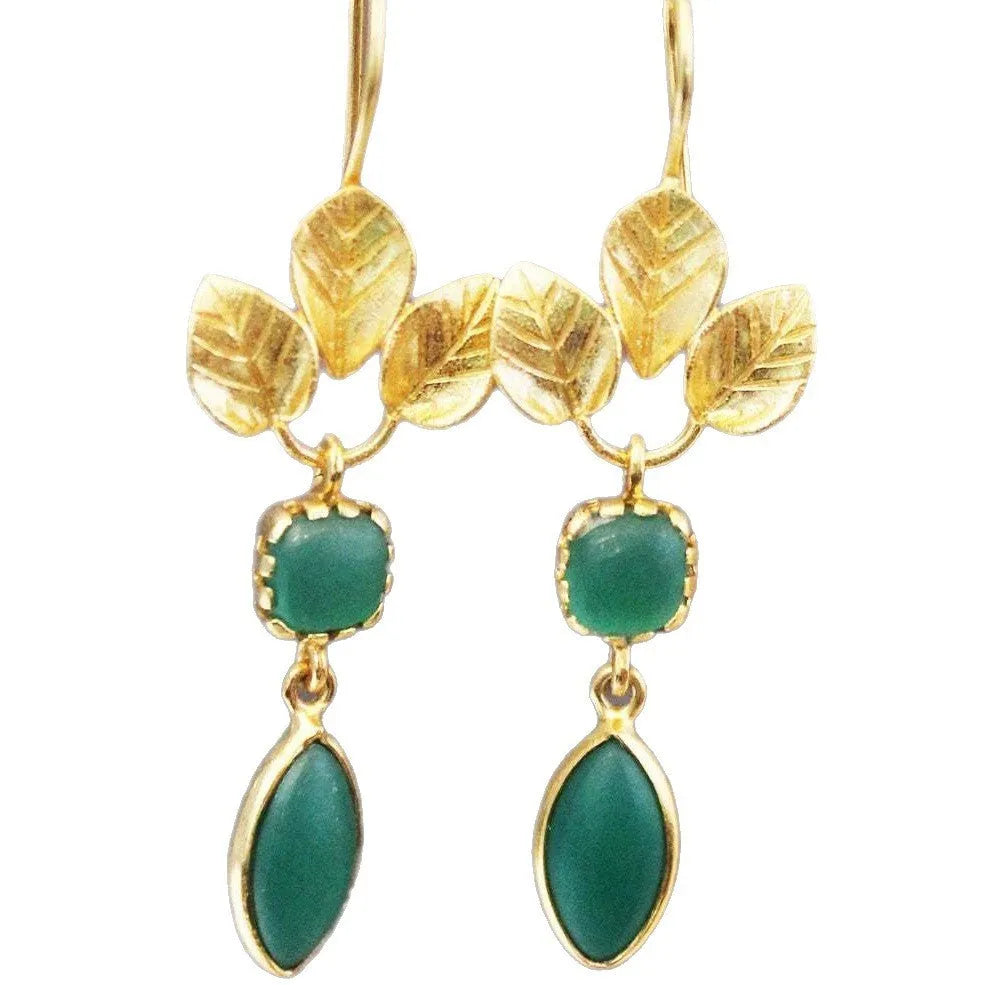 Gold-coloured retro women's drop earrings with a French leaves tassel and water drop design, featuring zircon accents.