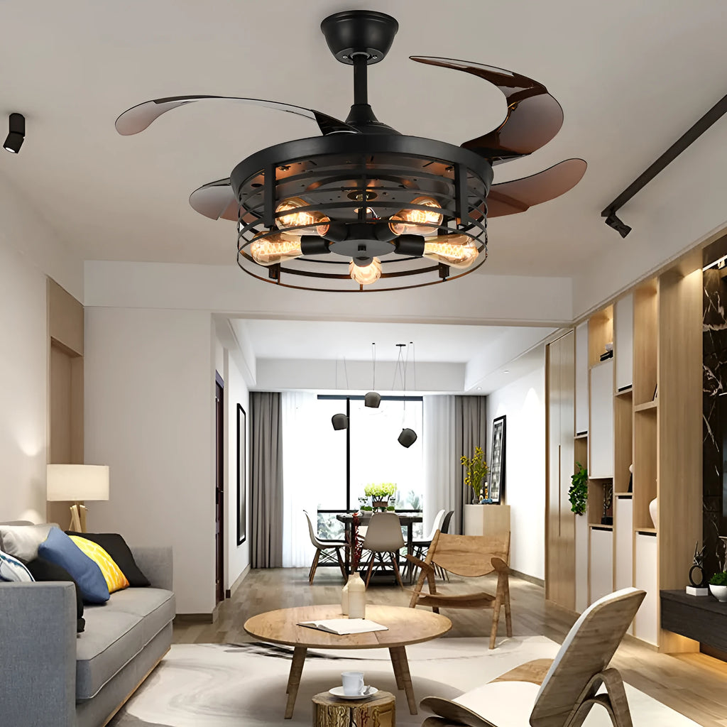 Industrial American retro style ceiling fan with integrated light and invisible acrylic blades.