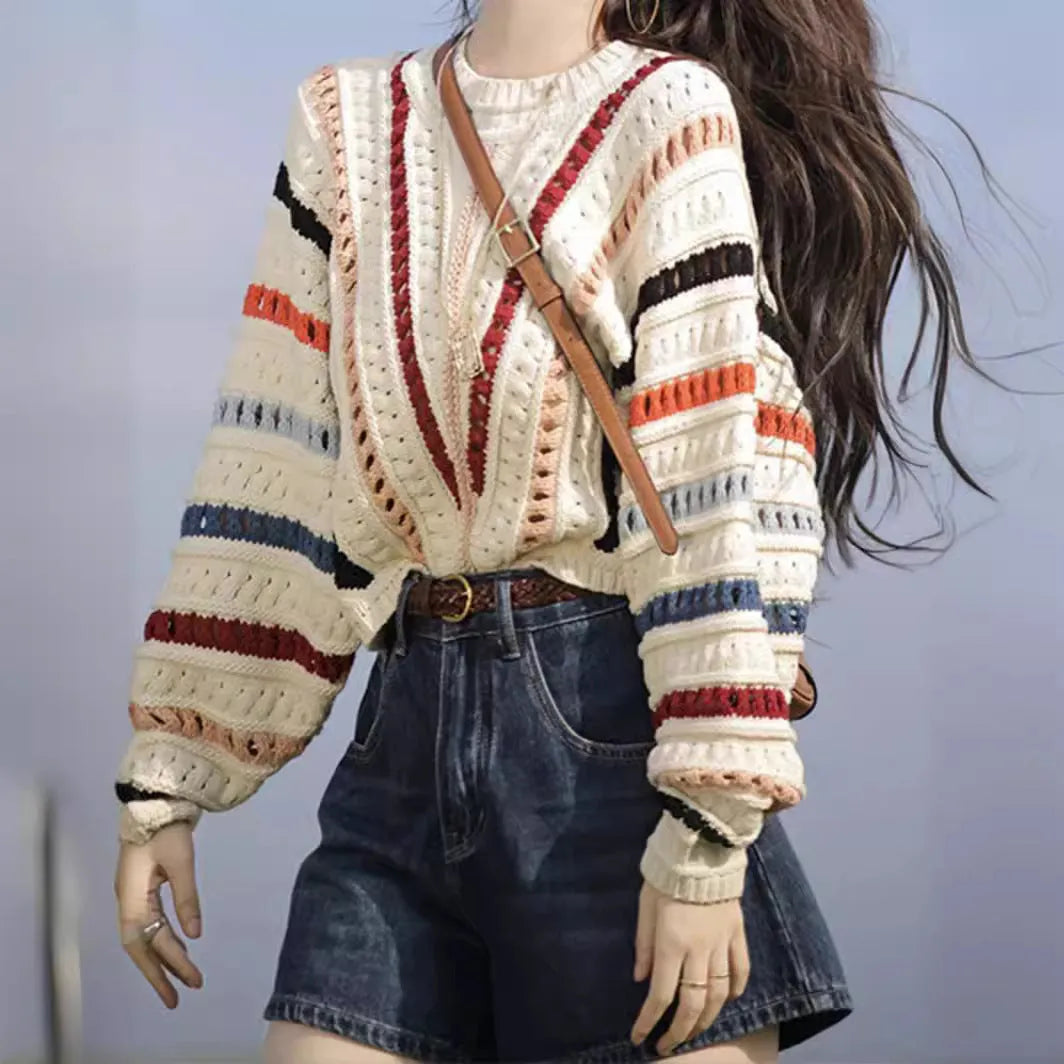 Colourful rainbow striped loose sweater with batwing sleeves and round neck