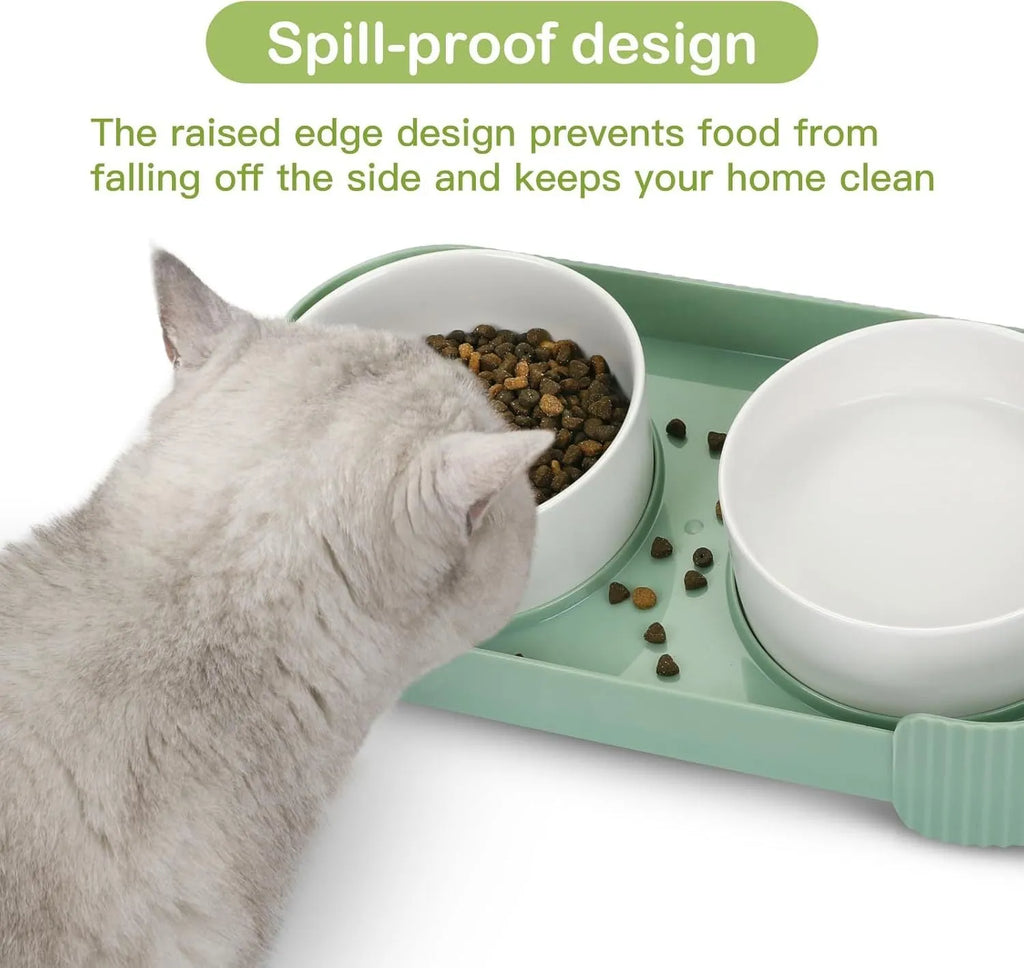 Ceramic elevated cat bowls with 15° tilted stand in green, white, and yellow colour options