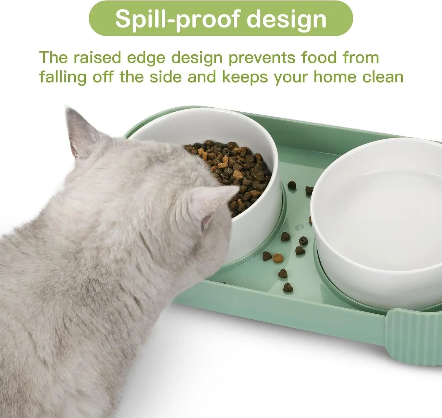 Ceramic elevated cat bowls with 15° tilted stand in green, white, and yellow colour options
