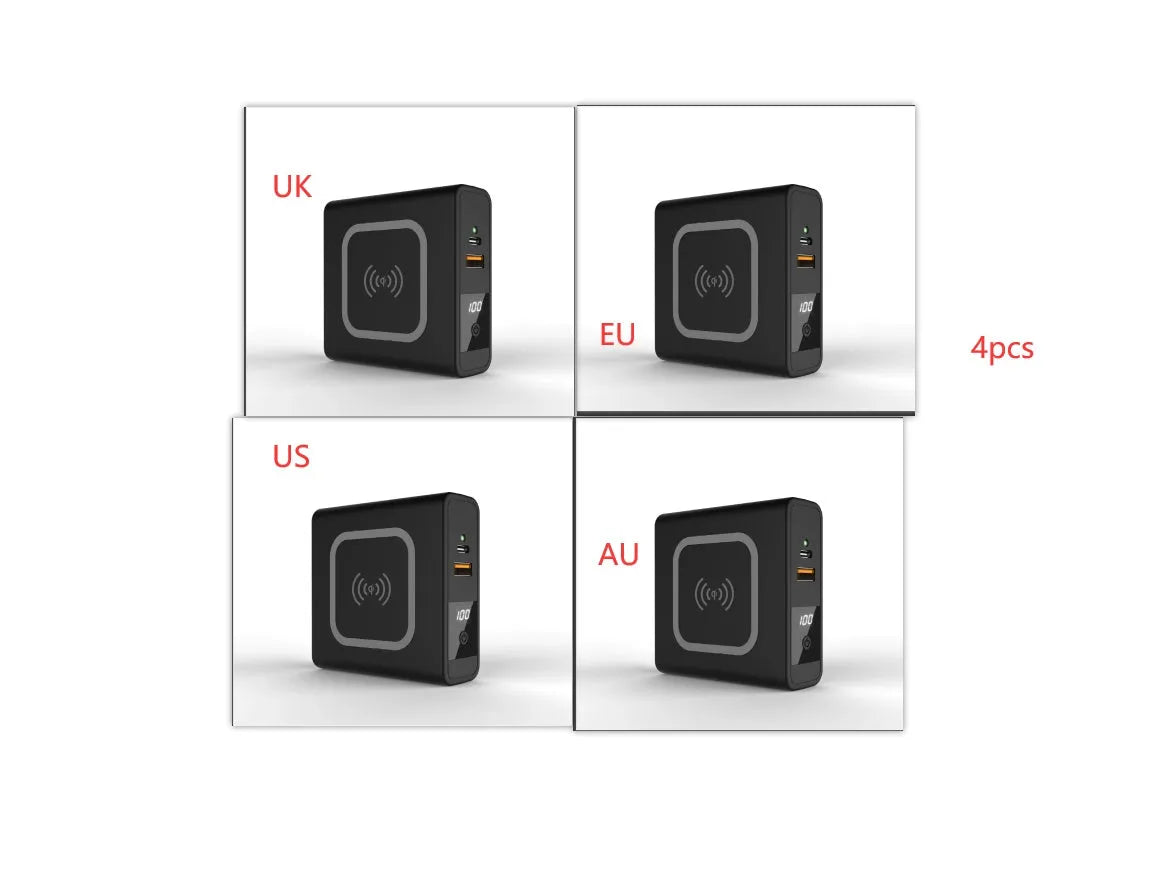 Black and white Super QI wireless charging power bank with integrated plug and international adaptors.