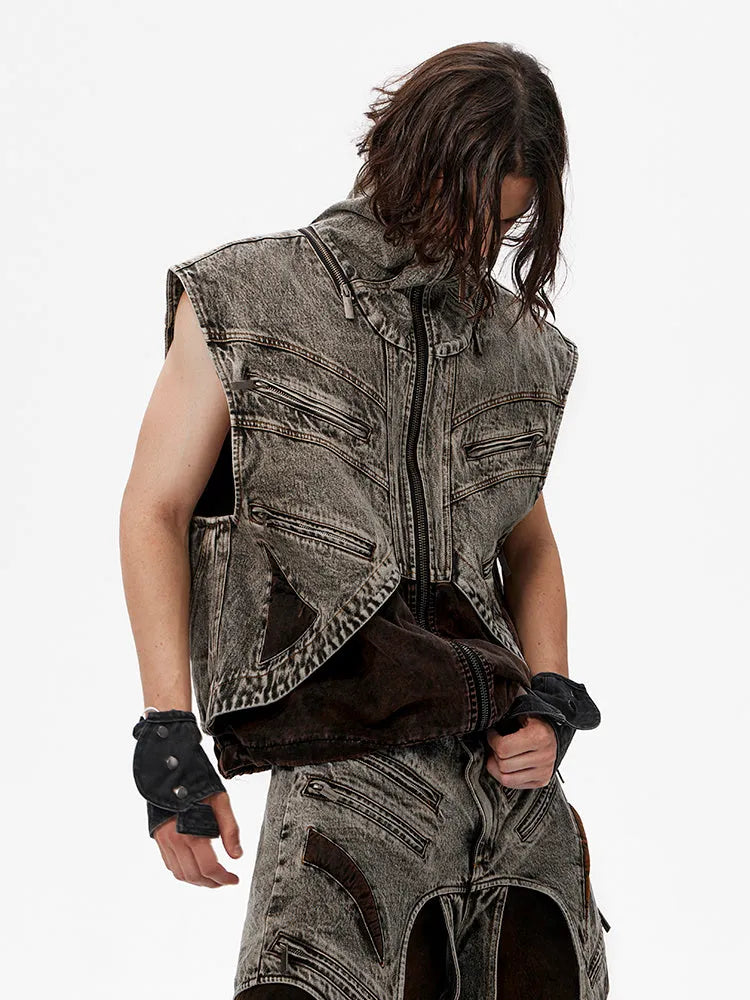 Men's sleeveless denim vest jacket with front zipper in cotton fabric summer casual wear