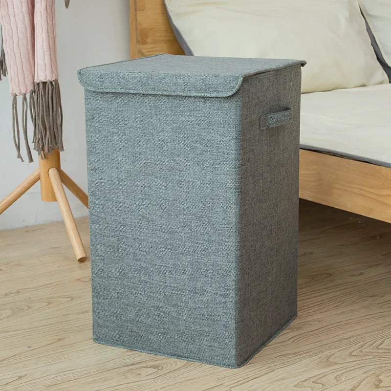 Foldable cotton linen storage basket in modern simple style shown in grey colour