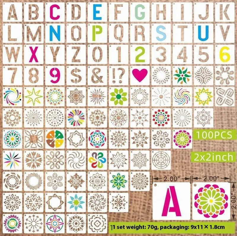 Milky white PET film stencils showing examples of 2-inch flower, animal, and letter designs.