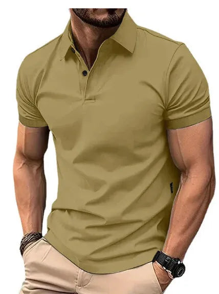 Men's solid colour slim fit short sleeve casual shirt with button front on a hanger.