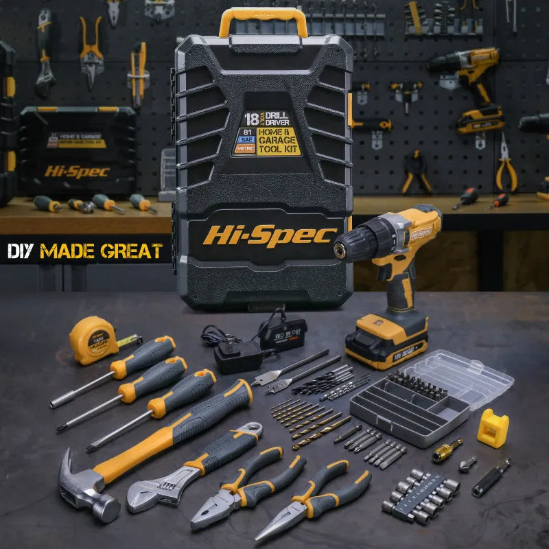 Grey-yellow tool case containing 82-piece chrome-vanadium steel hardware set for furniture installation