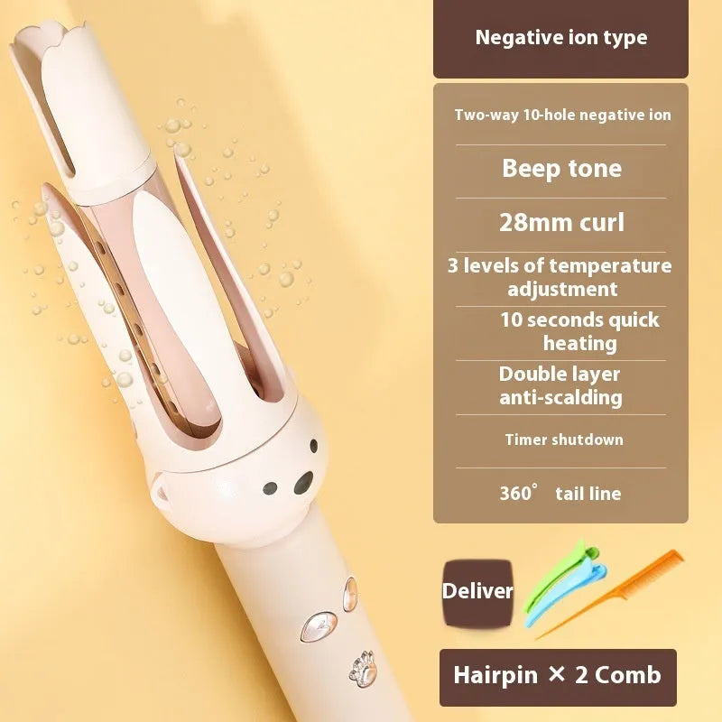 Beige automatic hair curler with rotating barrel and negative ion technology