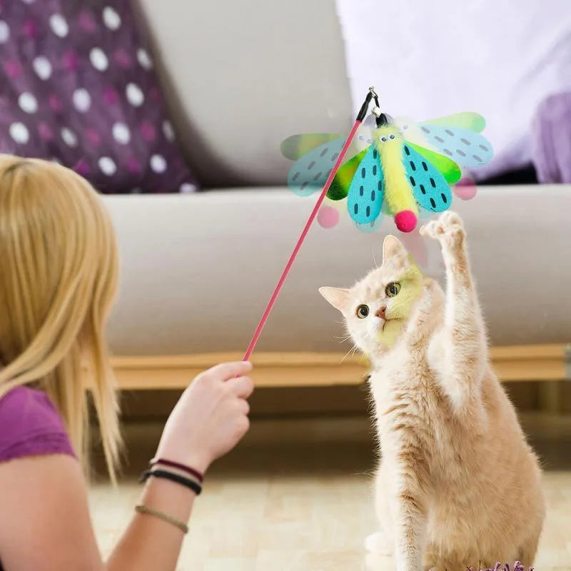 Cat wand toy with dragonfly attachment and bell on 49cm stick