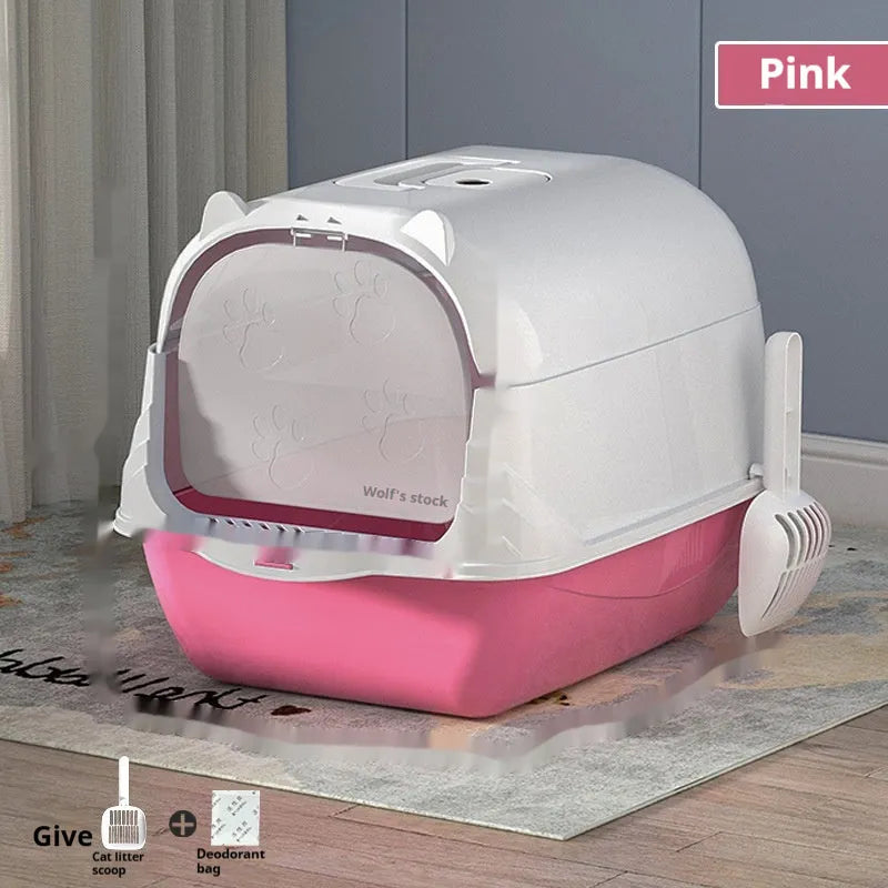 Oversized enclosed cat litter box in PP plastic, available in multiple colours including black and blue