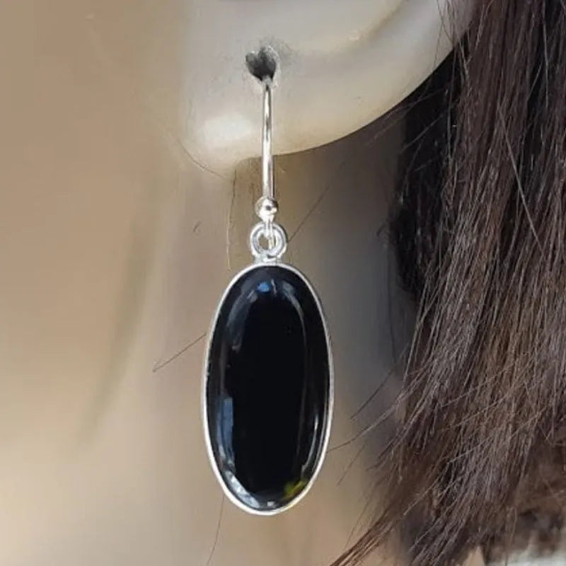 Women's geometric earrings with oval black agate pendant on 925 silver-plated alloy posts