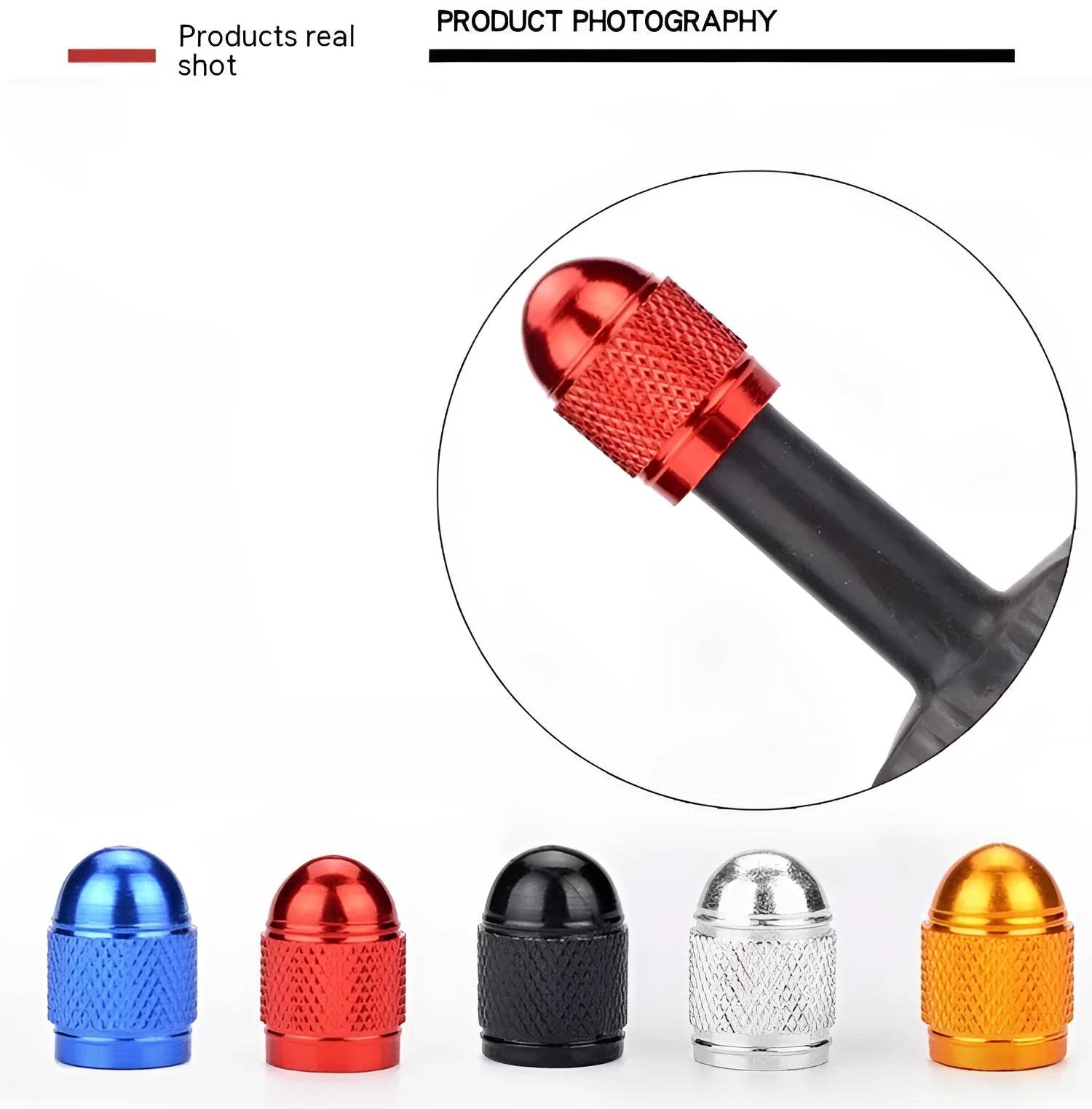Aluminium mountain bike tyre valve cap in five colour options with screw fitting