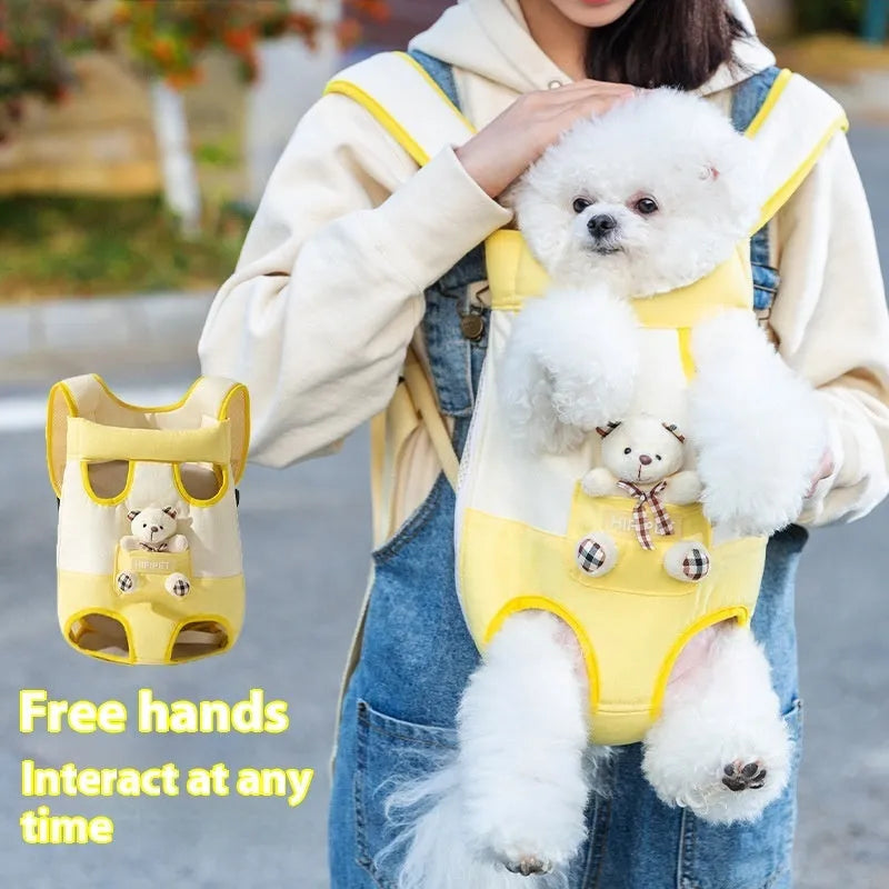 Cartoon animal pet chest bag in soft canvas with ribbon trim, available in four sizes and colour patterns