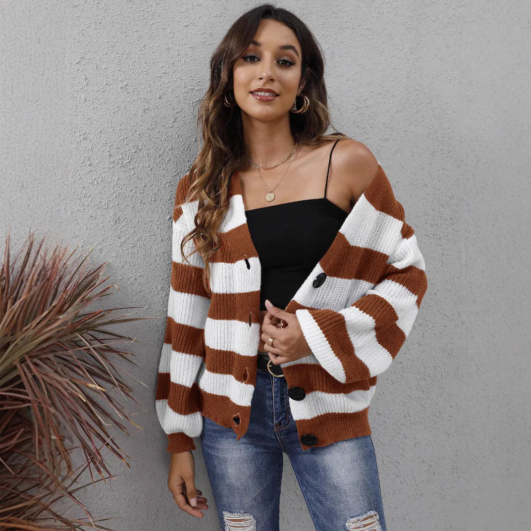 Women's striped cardigan sweater in deer plush fabric with button front, shown in blue colour.