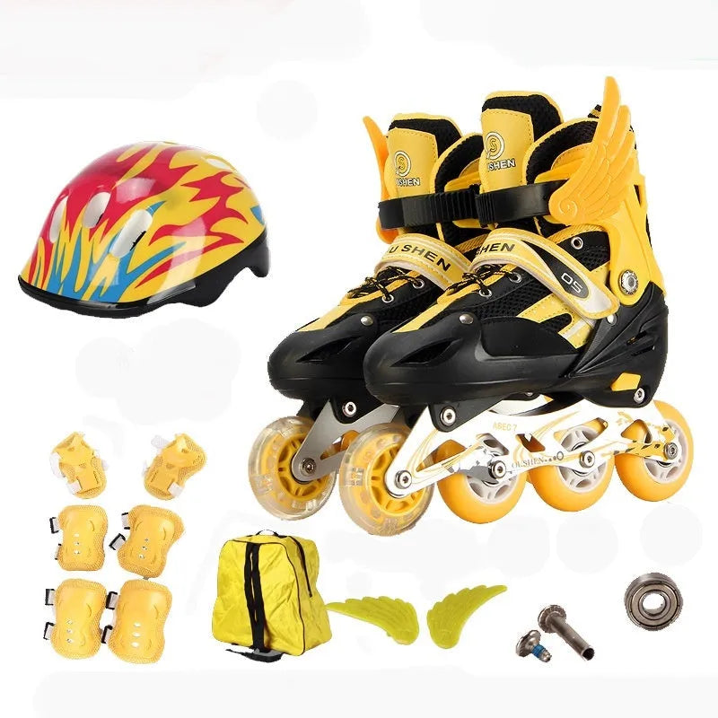 Children's adjustable skating shoes with protective gear set showing aluminium frame and wheels