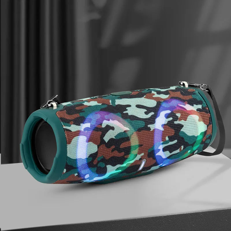 War Drum portable Bluetooth speaker with RGB coloured lights in black, blue, red, silver grey, or camouflage.