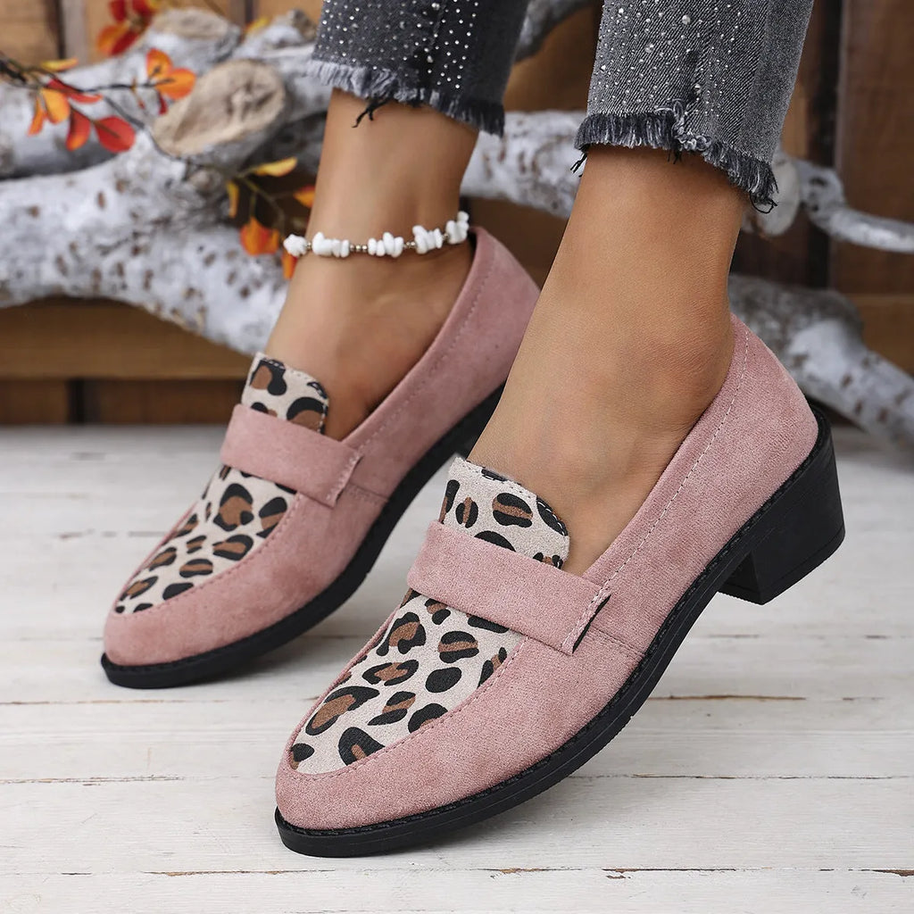 Leopard print suede slip-on shoes with a chunky mid heel and pointed toe in pink, brown, or khaki.