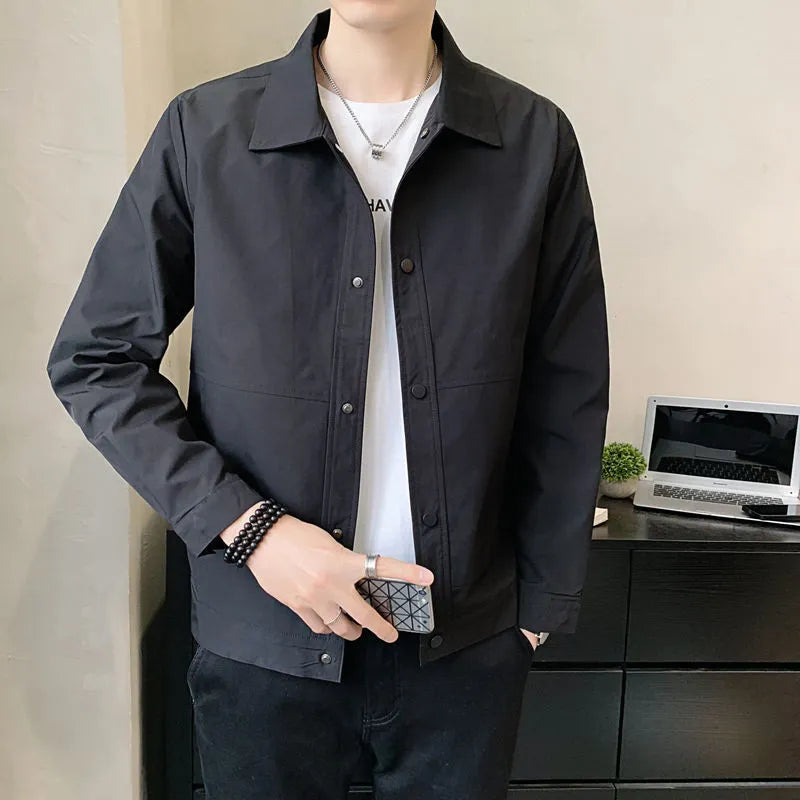 Men's thin single-layer polyester jacket in Korean style, shown in light gray colour.