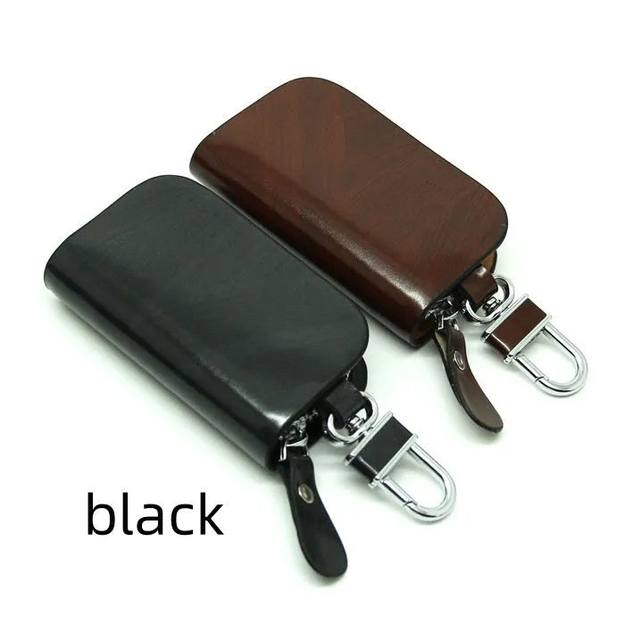 Genuine V-grain cowhide leather car key case in black or brown colour with frosted finish