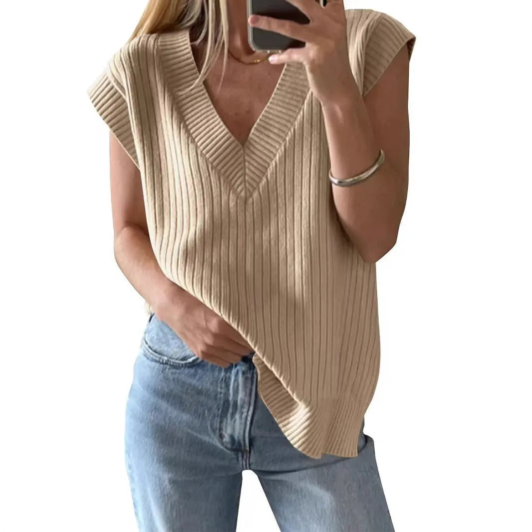 Women's v-neck sleeveless pullover vest in camel stripe pattern, loose fit viscose fabric