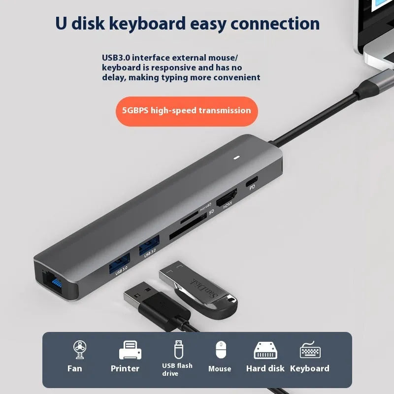 LQT-LH07 7-in-1 USB C hub with SD and TF card reader slots for laptop connectivity.
