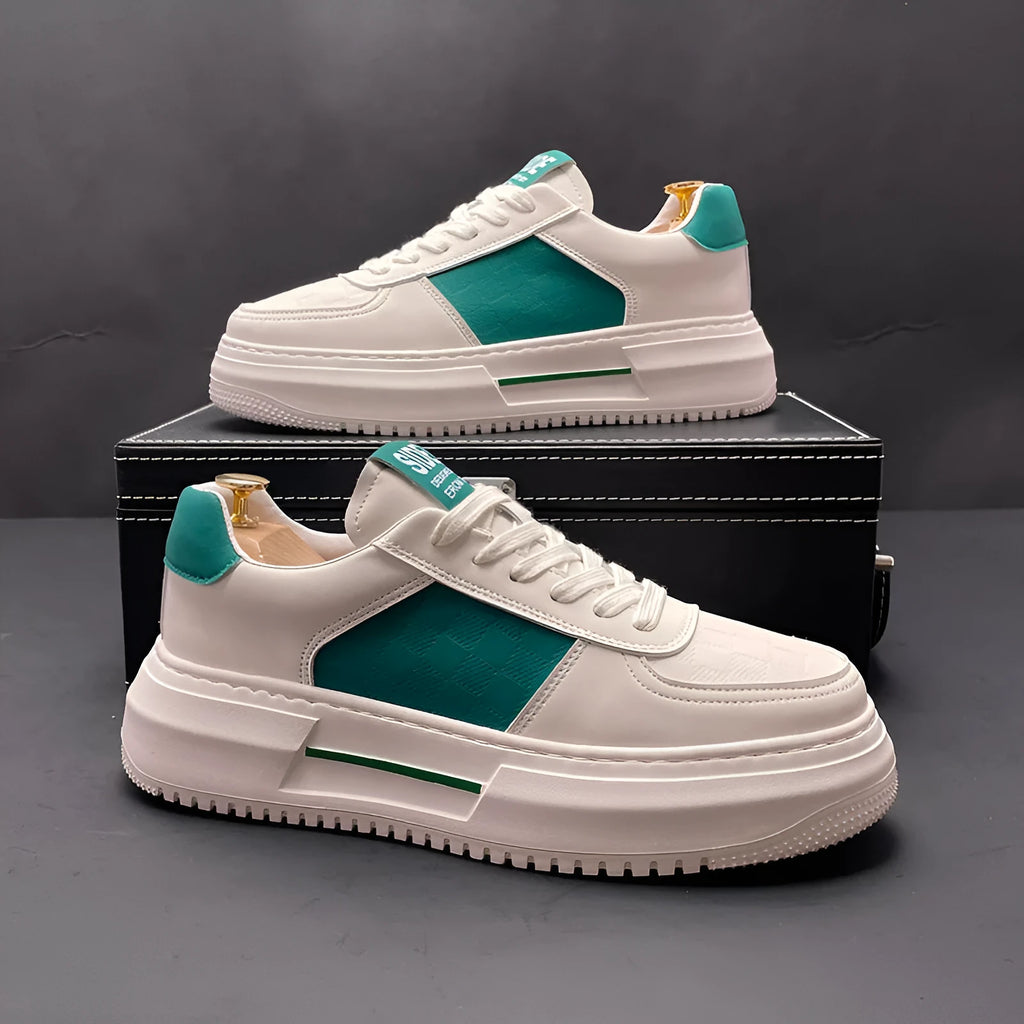 Unisex white and green cloth casual shoe with rubber foam sole, shown alongside a white and black variant.