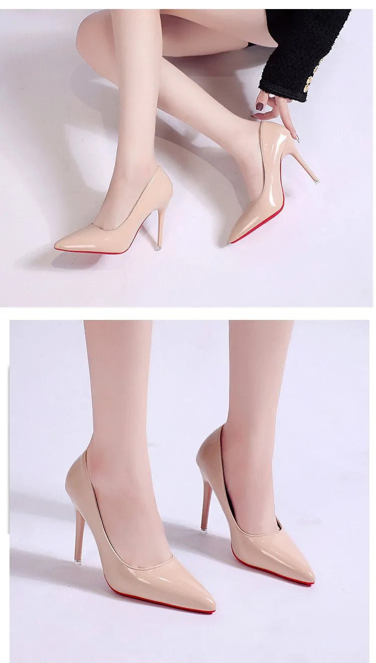 Women's pointed toe stiletto heel pumps in solid colours with shallow mouth opening