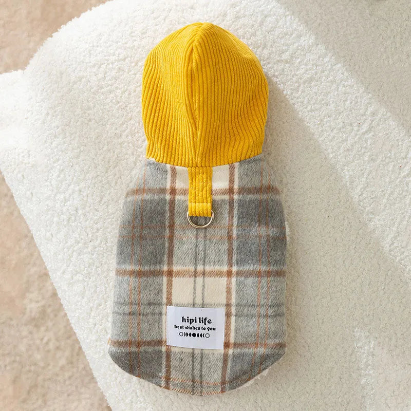 Blue corduroy pet hoodie vest with chessboard grid pattern and traction detailing on hood
