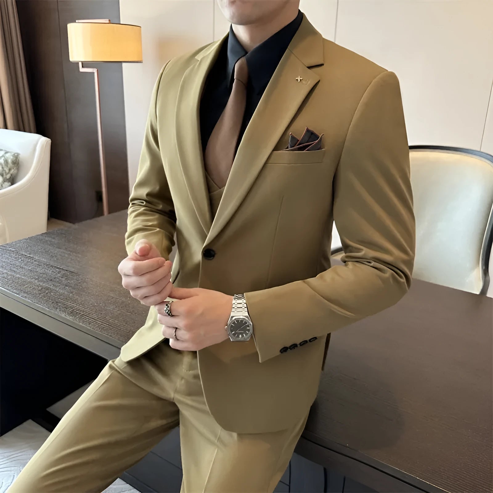 Men's slim-fit business trousers in chemical fibre blend available in camel, brown, and dark green colours