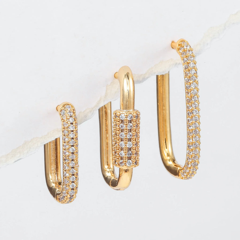 Geometric copper ear clip three-piece set with micro inlaid zircon stones in gold and white colour options