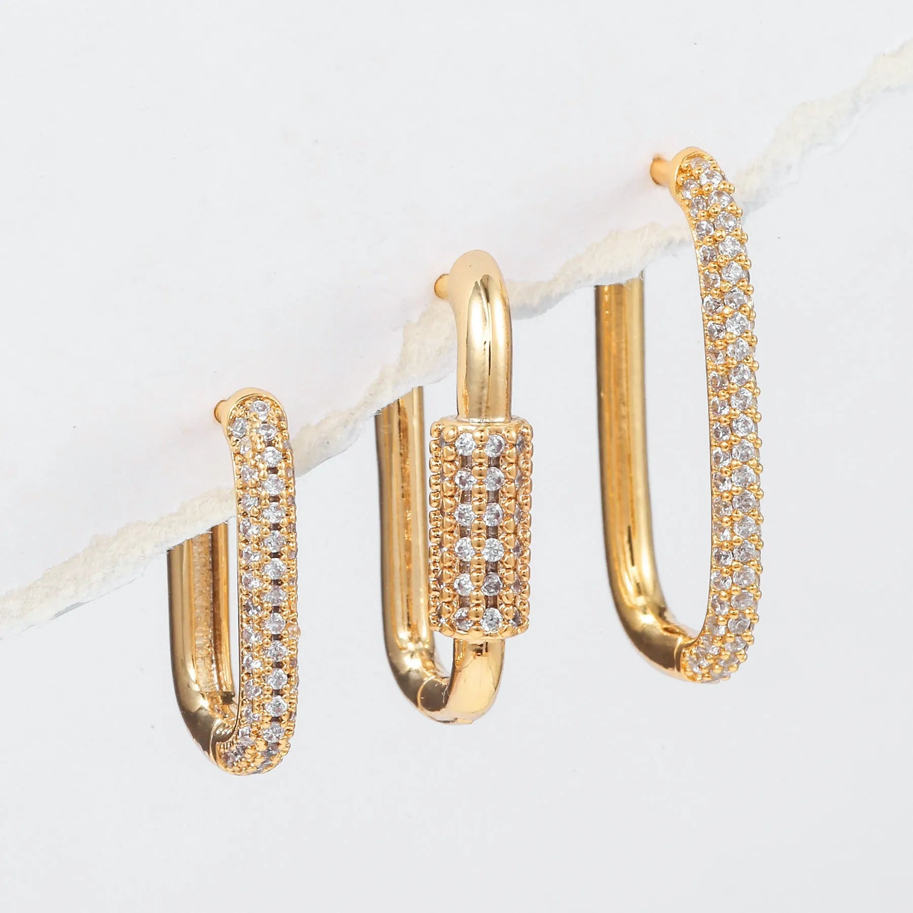 Geometric copper ear clip three-piece set with micro inlaid zircon stones in gold and white colour options