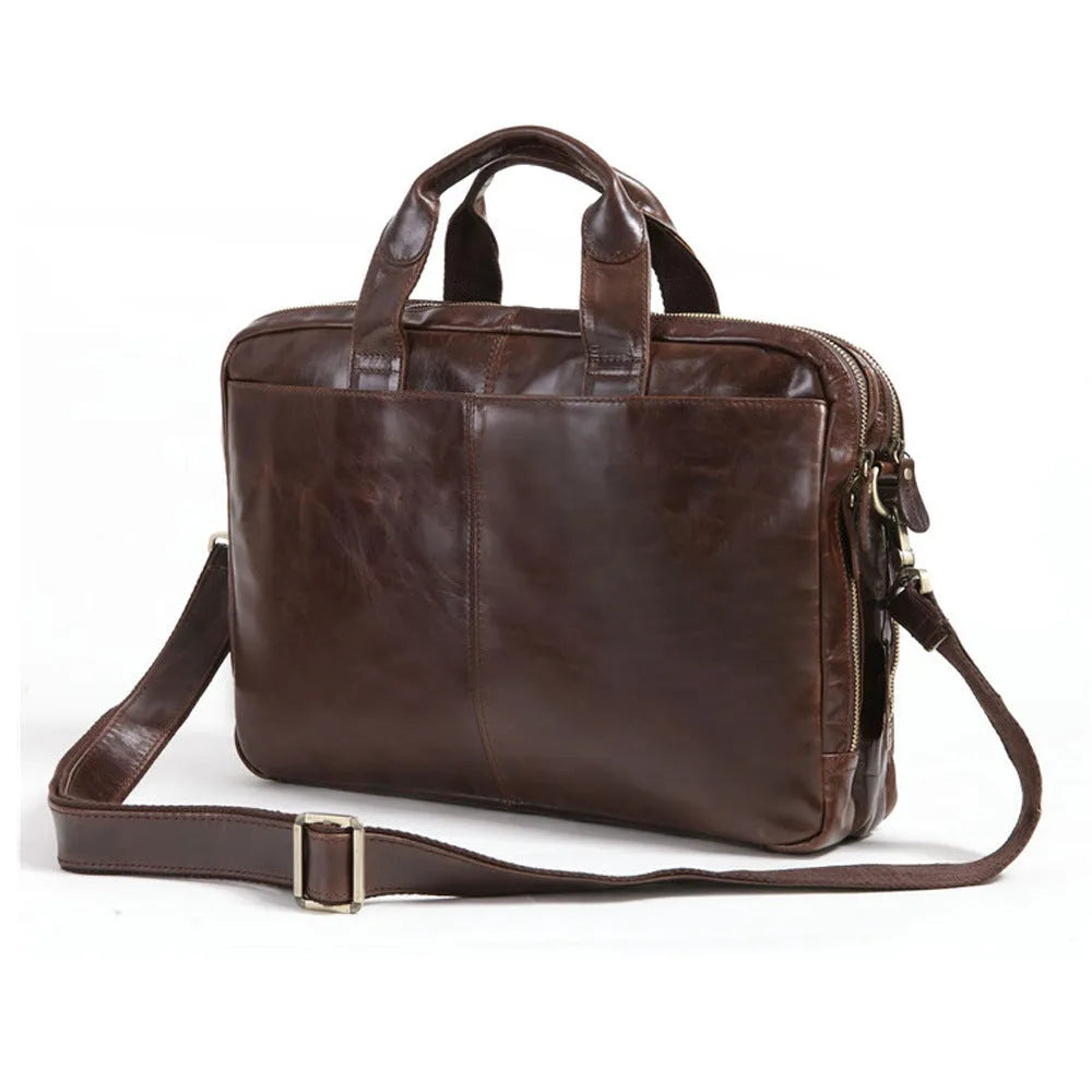 Brown men's business briefcase made from first layer cowhide leather with 18-inch laptop compartment