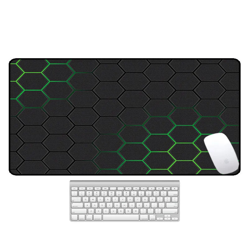 Large printed desk mat with natural rubber non-slip base on a wooden desk with keyboard and mouse.