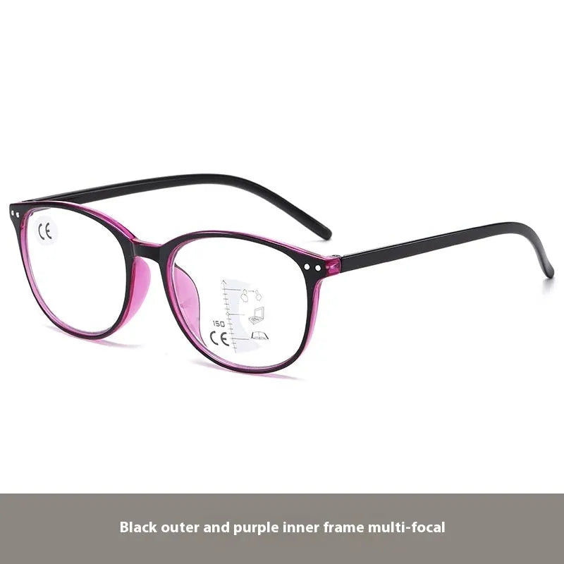Women's ultra-light presbyopic glasses with multi-focus lenses shown in black and blue frame colour