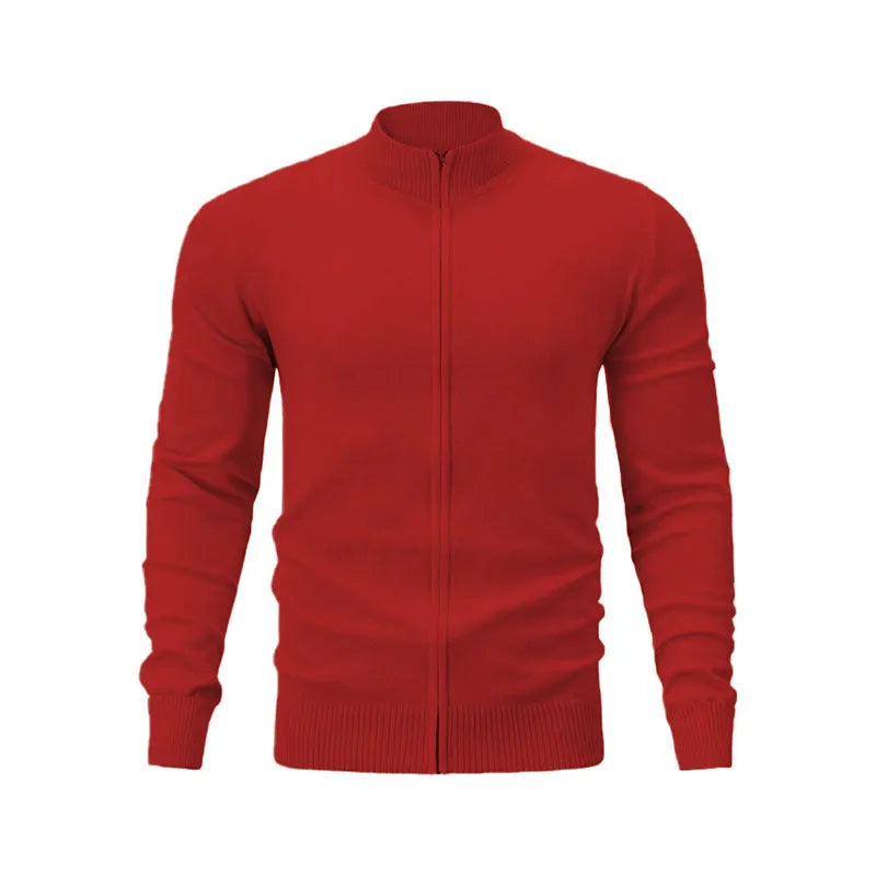 Man wearing a zip-front cotton cardigan in a solid colour, showcasing the stand collar and loose fit.