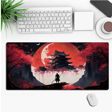 Anime pattern gaming mouse pad with non-slip rubber base on desk surface