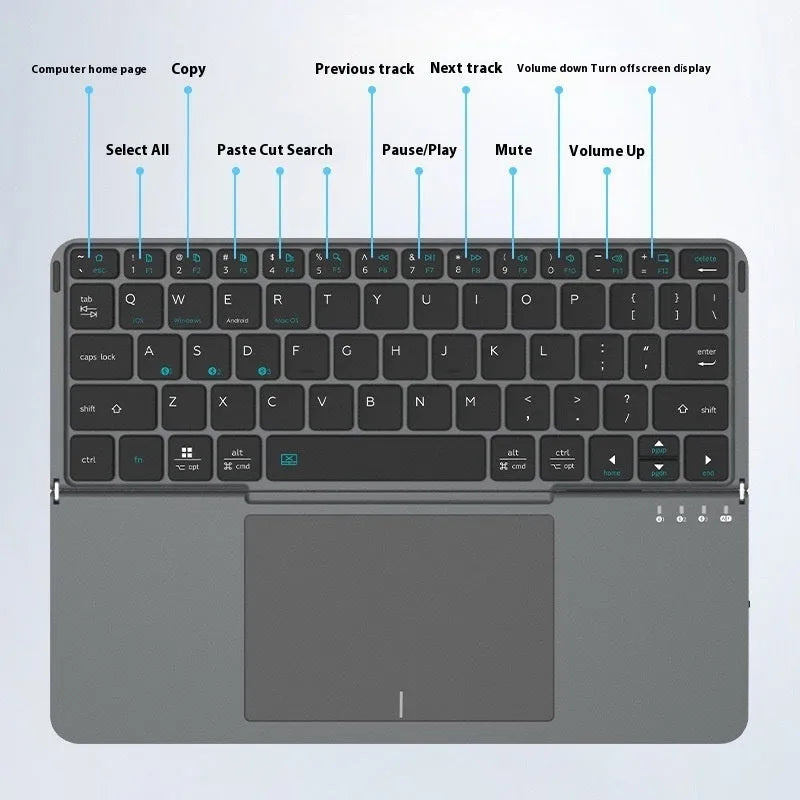 Grey wireless Bluetooth folding keyboard shown open for typing and folded for storage
