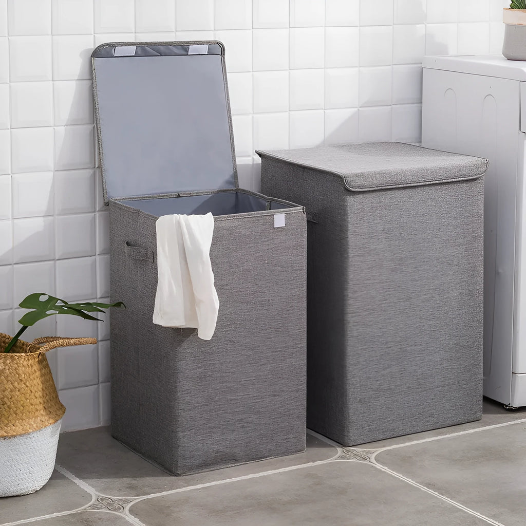 Foldable cotton linen storage basket in modern simple style shown in grey colour