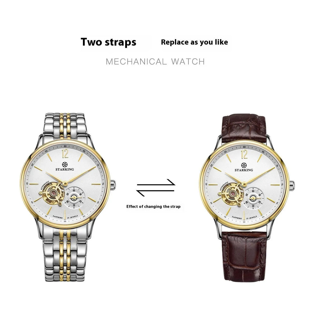 Automatic mechanical men's watch with circular dial, stainless steel case and genuine leather strap