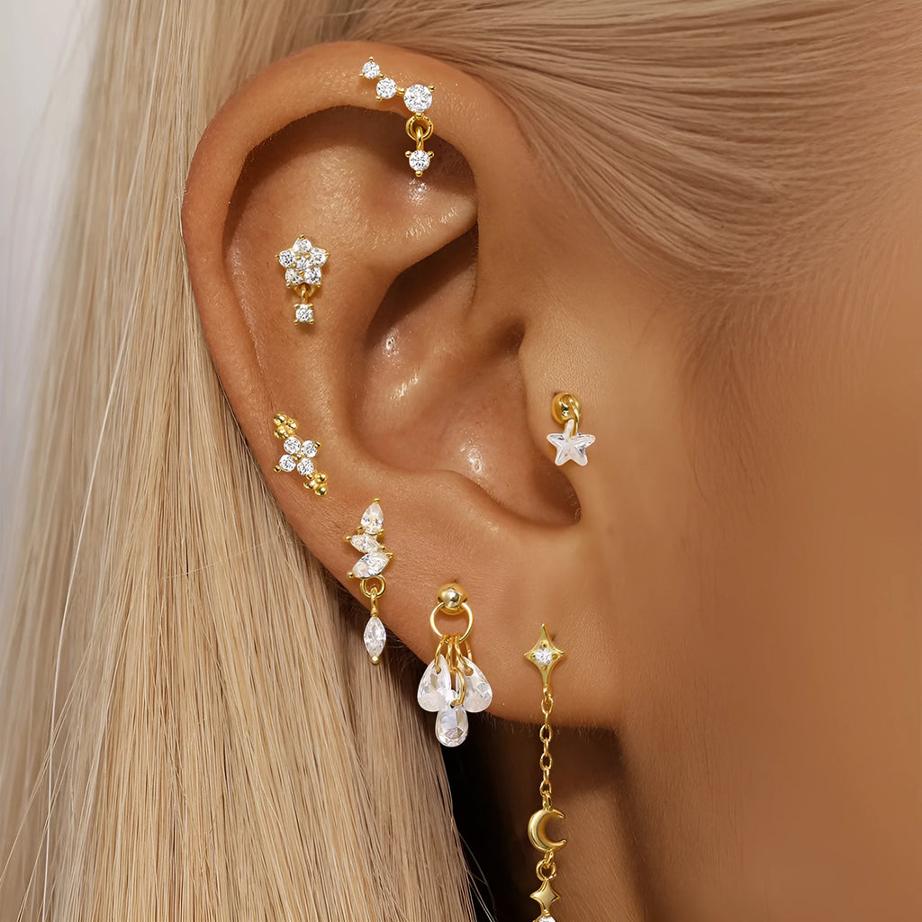 S925 sterling silver geometric earrings with a gold-plated moon and star design.