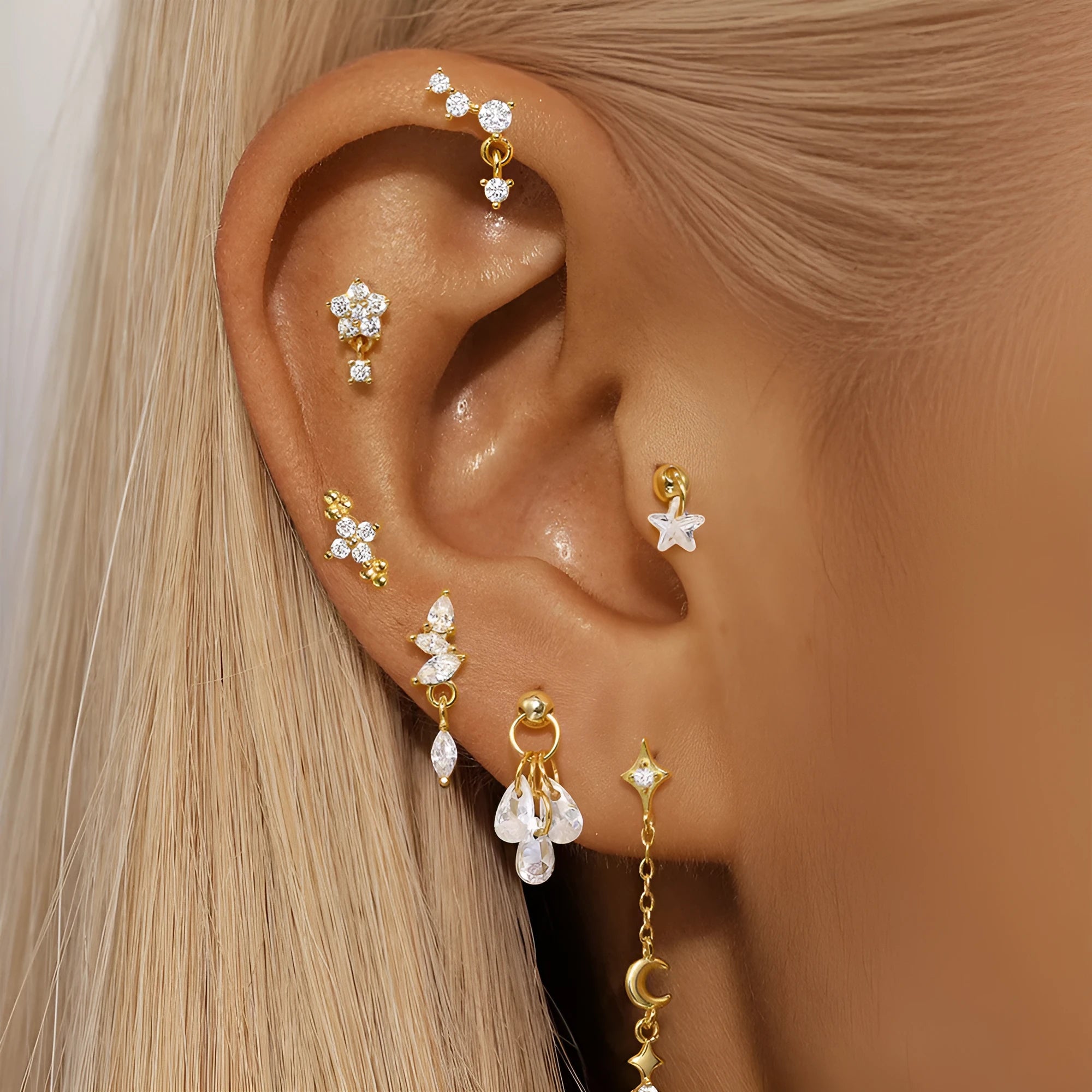 S925 sterling silver geometric earrings with a gold-plated moon and star design.
