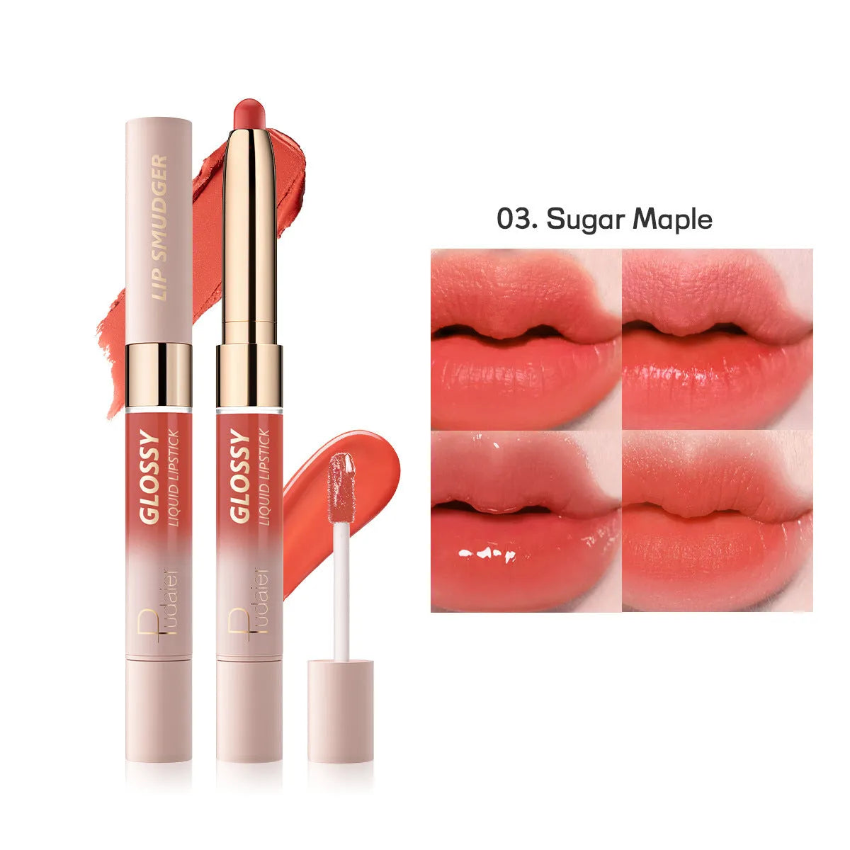 Double-headed lipstick lip gloss in matte finish showing ten different colour options from 01 to 10.