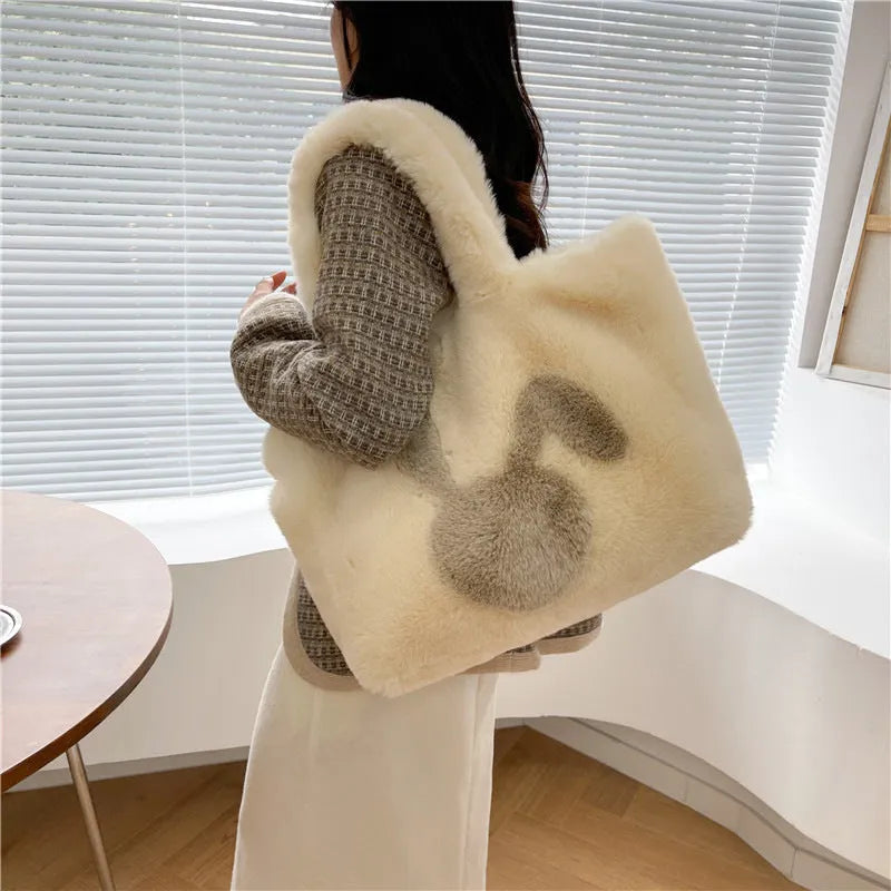 Plush rabbit ears tote bag in solid colour with shoulder strap and large capacity design