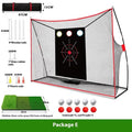 Golf wedge training net with 3-hole design on straw mat with practice balls and accessories